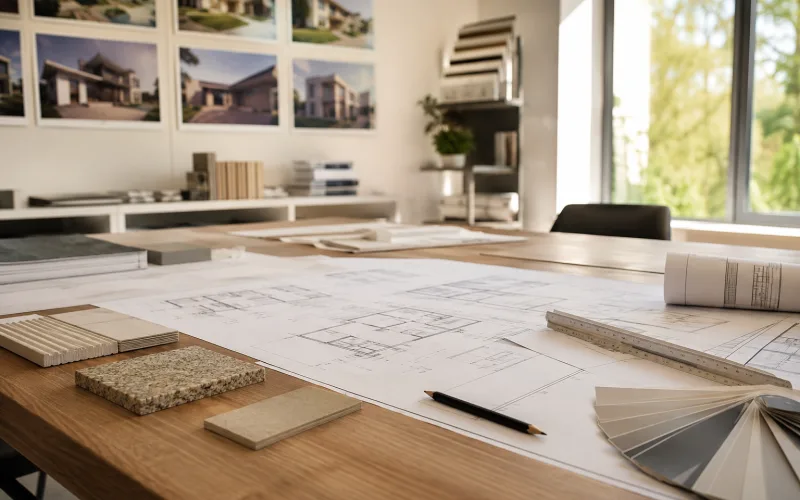 Bureau de conception : plans, échantillons et matériaux