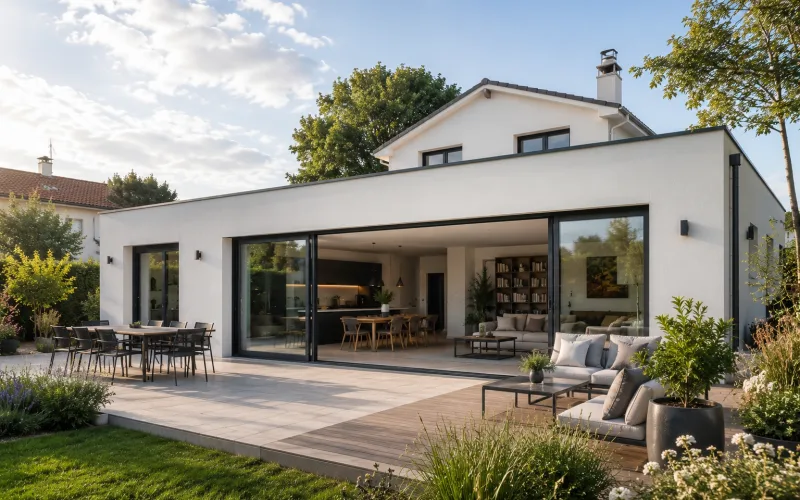Extension contemporaine avec baies vitrées