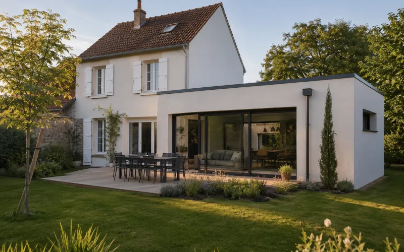 Extension latérale d'une maison ancienne avec volume contemporain